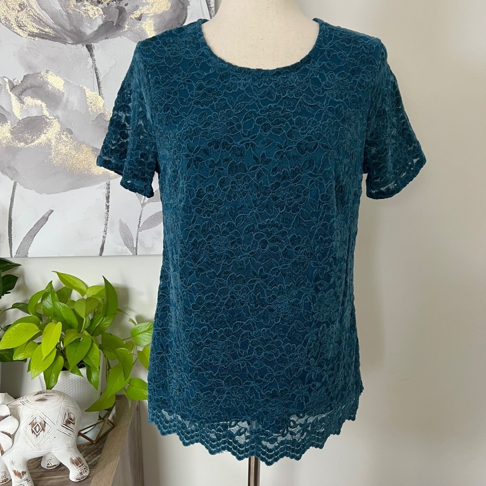 Teal Lace Top‎ Scalloped Hem Romantic Boho Feminine Short Sleeve Womens Medium